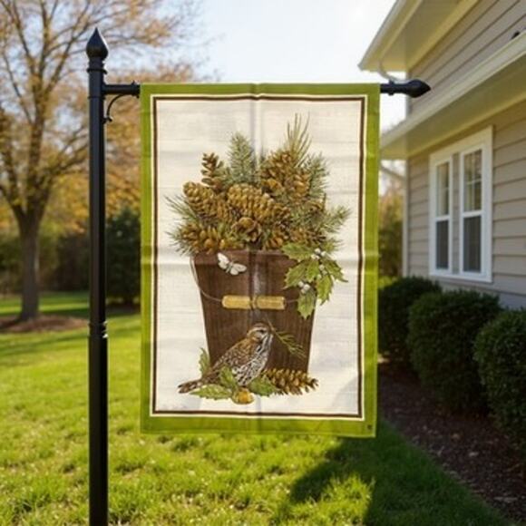 Nature Theme Green Flag Pinecones & Bird Double-Sided Rustic Decor - Picture 1 of 2